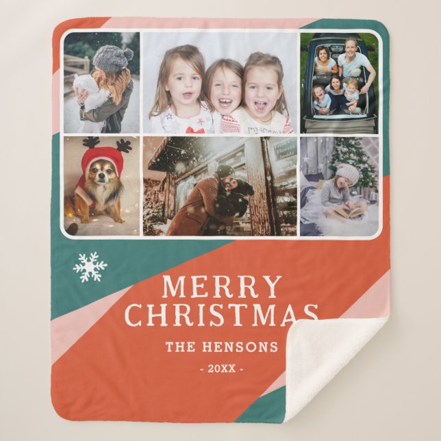 6 Photo Collage Pink Green Orange Christmas Family Sherpa Blanket (Front)