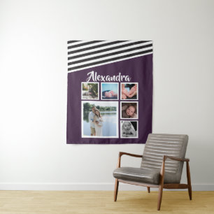 6 Photo Collage Plum Striped Pattern Personalised Tapestry