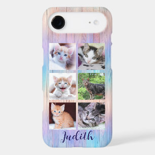 6 Photo Collage Purple Teal Ombre Stripes Wood