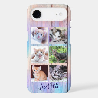 6 Photo Collage Purple Teal Ombre Stripes Wood
