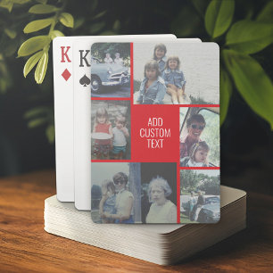 6 photo collage - red background - white text playing cards