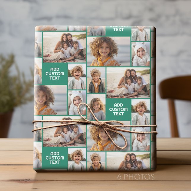 6 photo collage - solid colour - white chunky text wrapping paper (Custom Photo Collage Wrapping Paper - All Occasion)