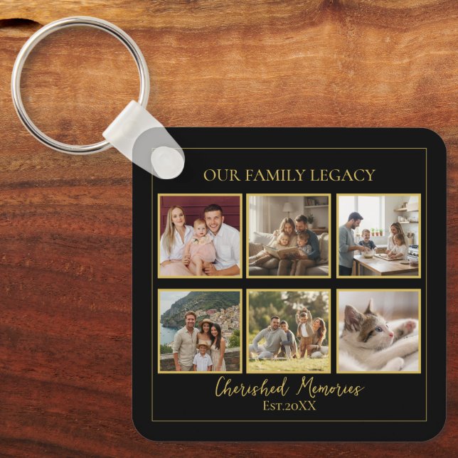 6 Photo Collage Square Black Gold Keychain (Front)