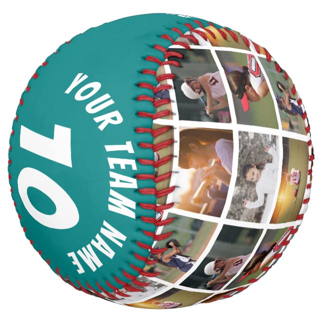 6 Photo Collage Teal Player Number Team Name Softball (Angled)