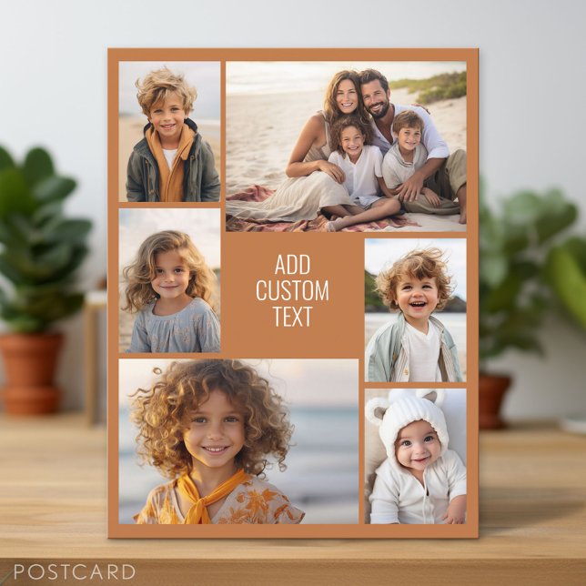 6 photo collage - terra cotta background - white postcard (Photo Postcard - Customize with your pictures)