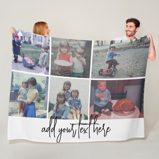 6 Photo Collage - Trendy Black Script - White Fleece Blanket (In Situ)
