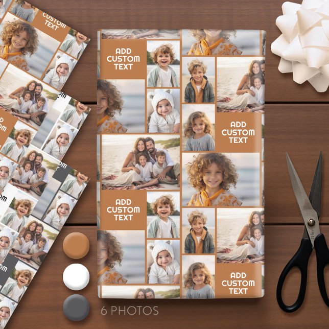 6 photo collage - various colours with chunky text wrapping paper sheet (Custom Photo Wrapping Paper - Add a Photo Collage)
