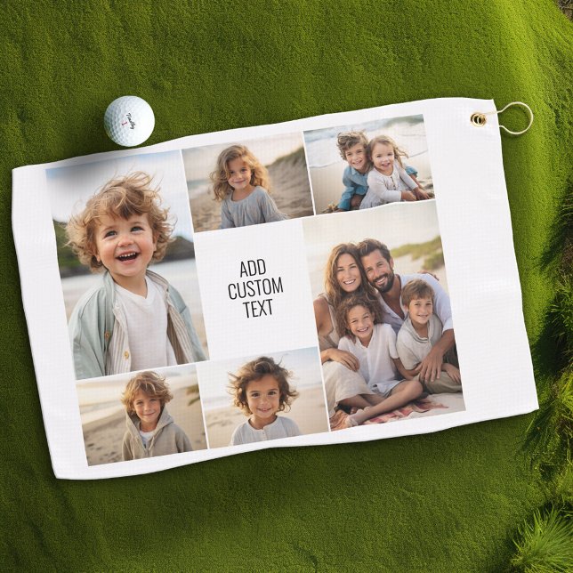 6 photo collage - white background - black text golf towel (Custom Golf Towel with Photo Collage)