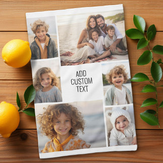 6 photo collage - white background - black text tea towel