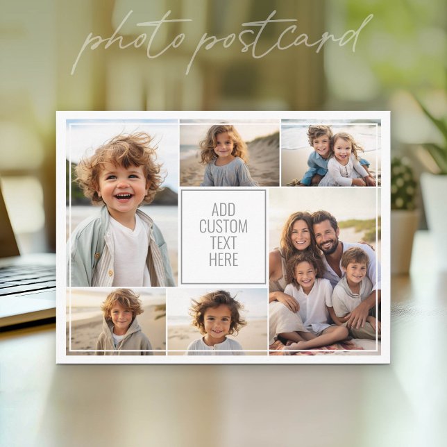6 photo collage - white background - grey text postcard (Photo Postcard that You Can Customize with your favorite photos - Modern, minimal design)