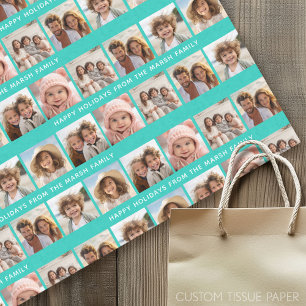 6 Photo Collage with Happy Holiday Text Aqua Teal Tissue Paper