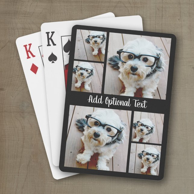 6 Photo Collage with Script Text - black and white Playing Cards (Personalized playing cards with photos and an area for text such as a name or monogram)