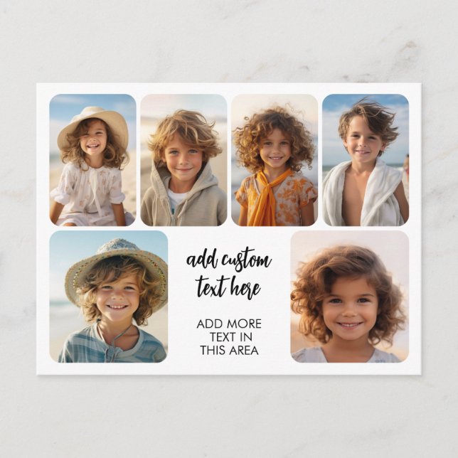 6 Photo Collage with trendy bounce script - white Postcard (Front)