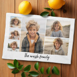 6 Photo Collage with white background Tea Towel<br><div class="desc">Front - 6 Photo template in a simple grid with a white border. A trendy font make a modern,  minimal design for the gift giving season.</div>