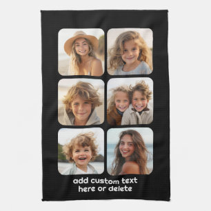 6 Photo Collage with white text on black Tea Towel