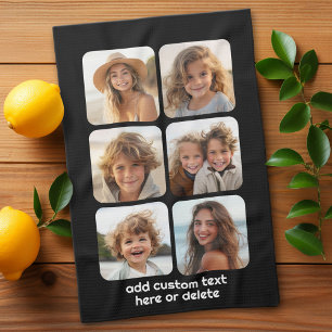 6 Photo Collage with white text on black Tea Towel