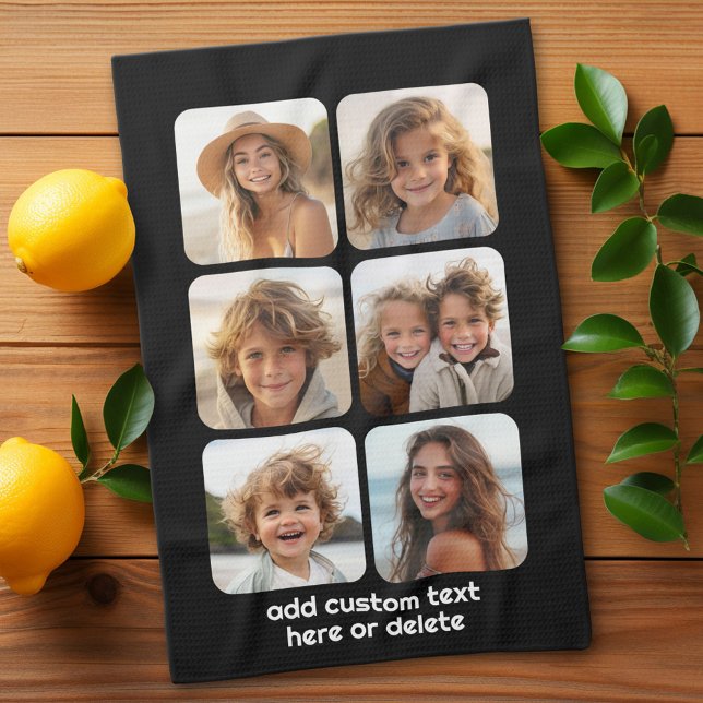 6 Photo Collage with white text on black Tea Towel (Custom Kitchen Towel with Photo Collage)