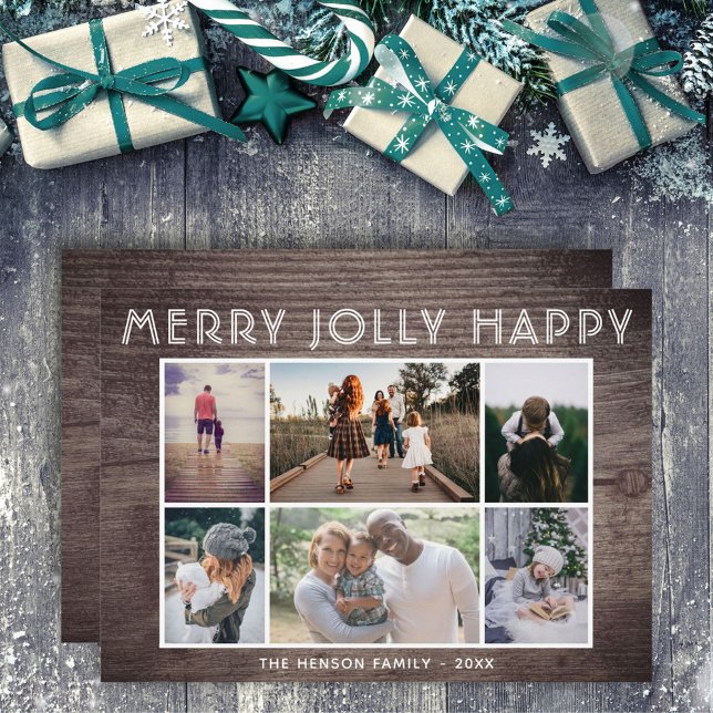6 Photo Collage Wood Merry Jolly Happy Christmas Holiday Card (Creator Uploaded)