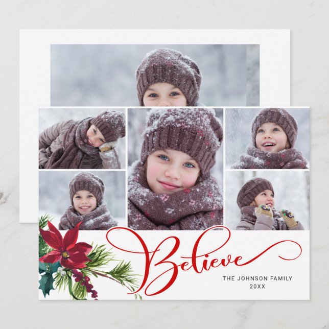 6 Photo Elegant Poinsettia Christmas BELIEVE Holiday Card (Front/Back)