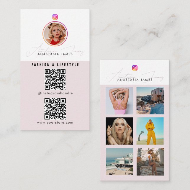 6 Photo Feed Grid Social Media 2 QR Codes Website Business Card (Front/Back)