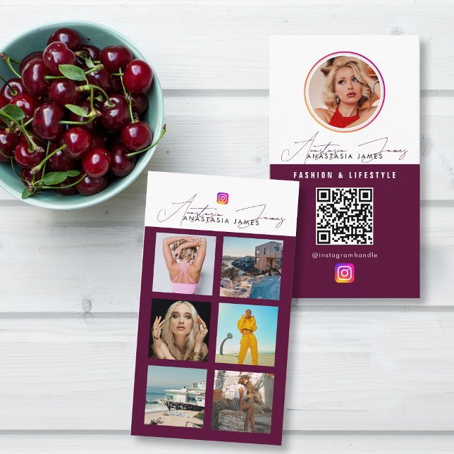 6 Photo Feed Grid Social Media QR Code Burgundy Business Card (6 Photo Feed Grid Social Media QR Code Burgundy Business Card)