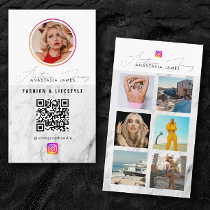 6 Photo Feed Grid Social Media QR Code Marble Business Card