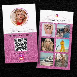 6 Photo Feed Grid Social Media QR Code Pink Business Card