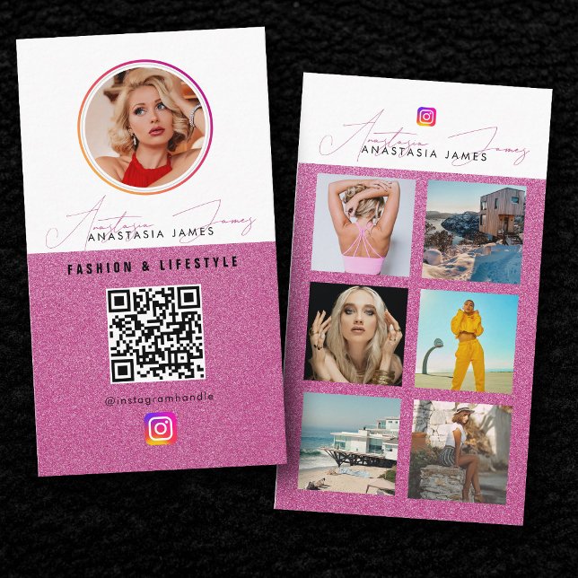 6 Photo Feed Grid Social Media QR Code Pink  Business Card (6 Photo Feed Grid Social Media QR Code Pink Business Card)