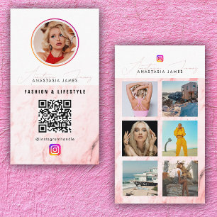 6 Photo Feed Grid Social Media QR Code Pink Marble Business Card