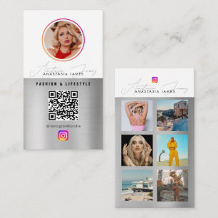 6 Photo Feed Grid Social Media QR Code Silver Business Card