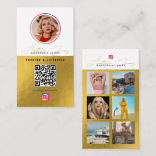 6 Photo Feed Grid Social Media QR Code White Gold Business Card