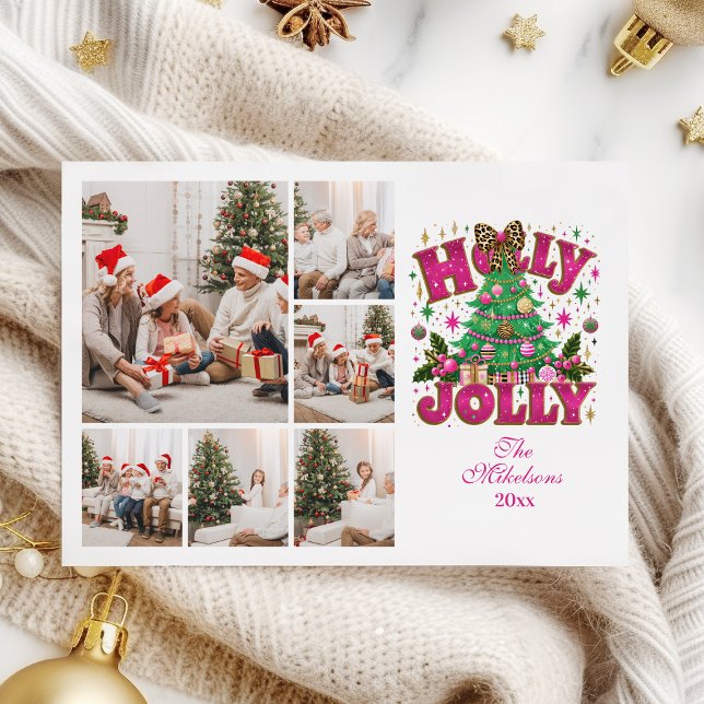 6 Photo Glitter Leopard Bow Holly Jolly Holiday Card (Creator Uploaded)
