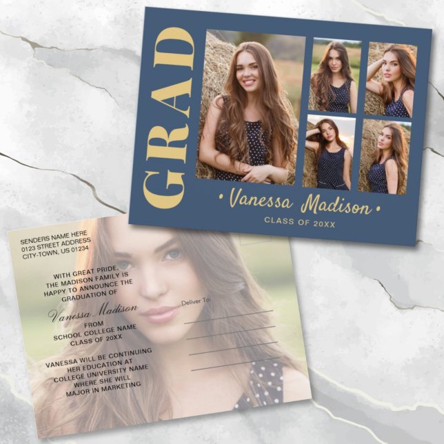 6 Photo Grad Collage Modern Script Blue and Gold Postcard (Creator Uploaded)