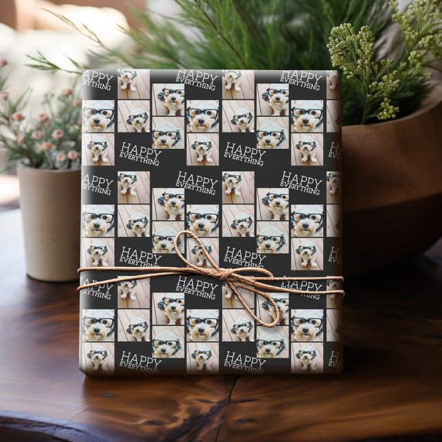 6 Photo Happy Everything Minimal Black white Wrapping Paper (Personalized Photo Wrapping Paper)