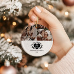 6 Photo Heart First Christmas as Mr & Mrs Ceramic Tree Decoration<br><div class="desc">Celebrate your first holiday season as a married couple with this elegant winter design. Featuring a minimalist black-and-white aesthetic, romantic script typography, and a sweet heart emblem, this personalised keepsake is ideal for couples who want to share their joy with timeless style. A beautiful way to mark your first Christmas...</div>