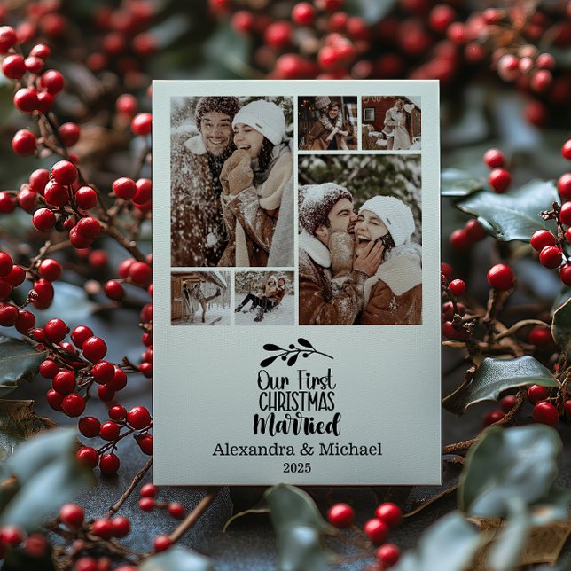 6 Photo Minimialist Our First Christmas Married Holiday Card (Creator Uploaded)