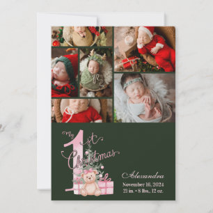 6 Photo  Pink Green Baby First Christmas Holiday Card