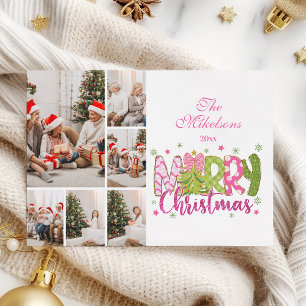 6 Photo Pink Green Bow Tree Merry Christmas Holiday Card