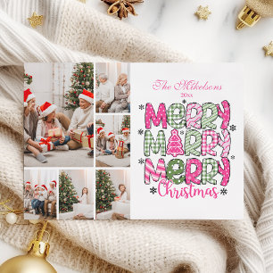 6 Photo Pink Green Merry Christmas Holiday Card