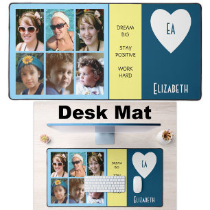 6 photo quotes add name initials blue yellow desk mat