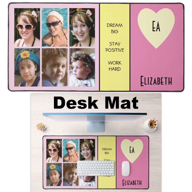 6 photo quotes add name initials pink yellow desk mat (Creator Uploaded)