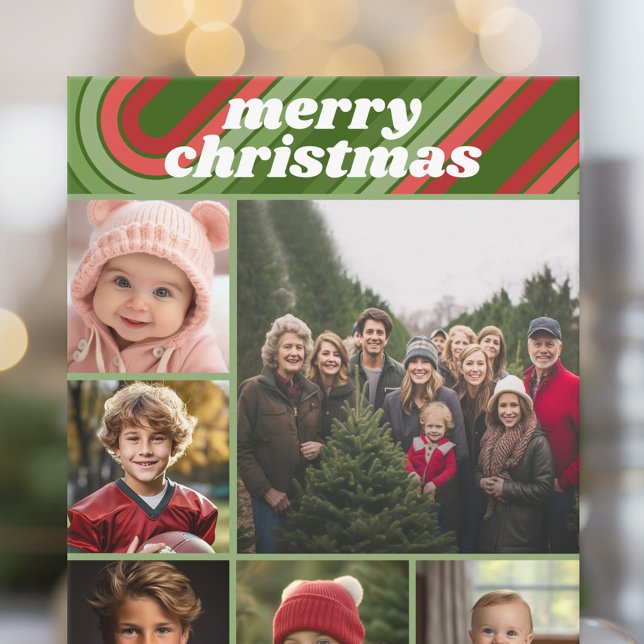 6 Photo Retro Stripes - Red Green Funky Holiday Card (6 Photo Collage with Retro Stripes - Online Christmas Card - Print and Download Options)