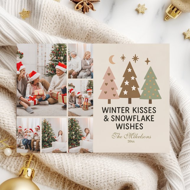 6 Photo Retro Winter Kisses & Snowflake Wishes Holiday Card (Creator Uploaded)