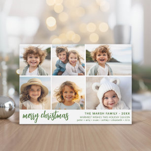 6 Photo - Script Merry Christmas - Green Holiday Card