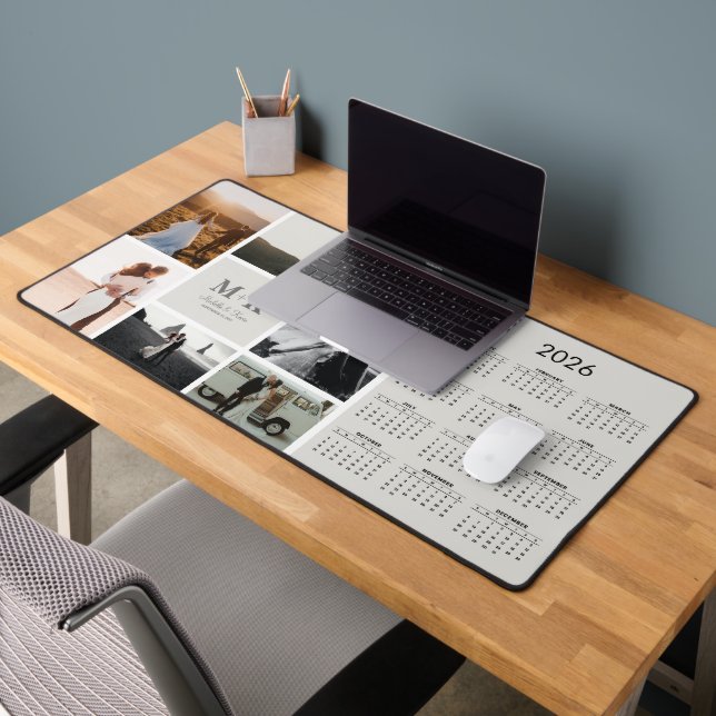 6 Photo Wedding Collage Newlyweds 2026 Calendar Desk Mat (Office 2)