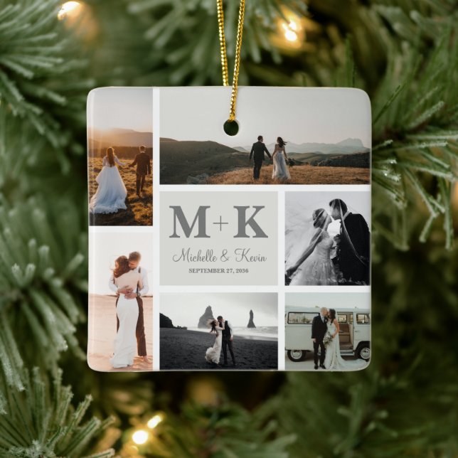 6 Photo Wedding Collage Newlyweds Keepsake Ceramic Ornament (Tree)