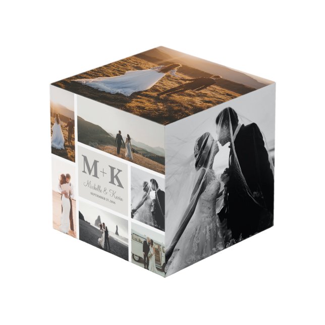 6 Photo Wedding Collage Newlyweds Keepsake Cube (Front Angled)