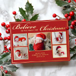 6 photos believe in Christmas magic family red<br><div class="desc">Modern holiday greeting card featuring 5 of your favourite Christmas family portraits complemented by real gold foil frames and wording that reads "Believe in the magic of Christmas" over a festive red background, customisable with your message or names. You can upload one more picture on the reverse of the card....</div>