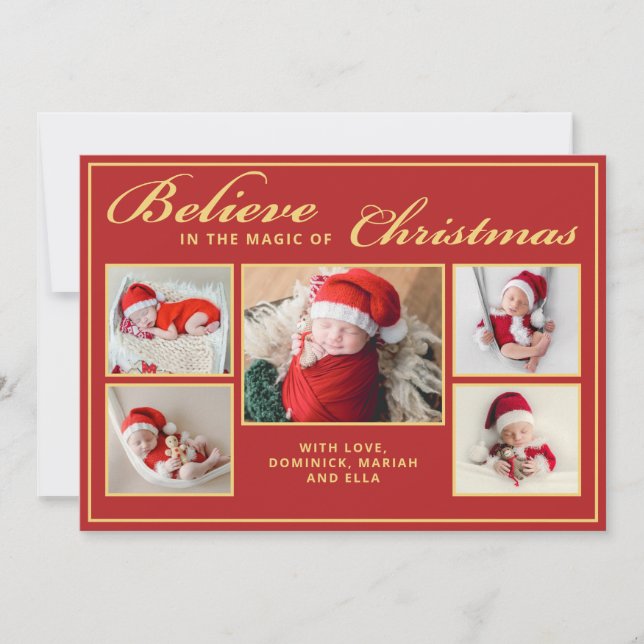6 photos believe in Christmas magic family red Holiday Card (Front)
