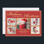 6 photos believe in Christmas magic family red Holiday Card<br><div class="desc">This modern holiday greeting card features 5 of your favourite Christmas family portraits complemented by elegant wording that reads "Believe in the magic of Christmas" over a festive red background. It is customisable with your message or name. 
You can upload one more picture on the reverse of the card.</div>